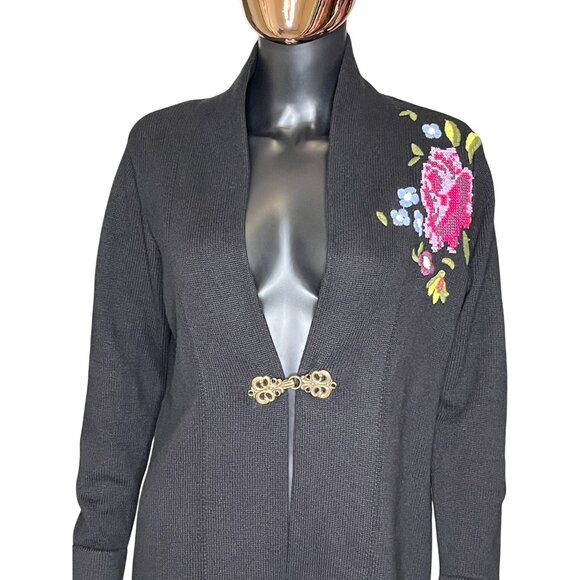 Soft Surroundings Black Oversized Floral Embroidered Longline Duster Cardigan XS - Picture 7 of 15